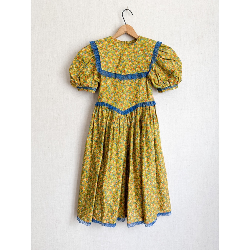 Handmade Vintage Floral Prairie Dress Cottagecore Lace Yellow Blue Kids Girls
